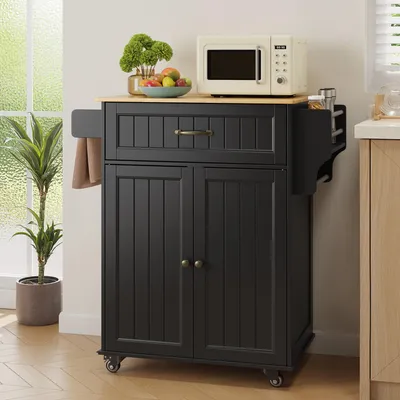 Obrázek produktu pro BEALIFE AK61 Kuchyňský vozík s kolečky 45x90x91 cm | pracovní deska, 2 zásuvky, držák na ručníky a stojan na kořenky | černá