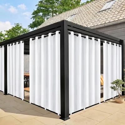 Image de Rideaux d'extérieur Résistant aux intempéries Imperméable à l'eau Rideaux avec œillets pour balcon Pavillon Terrasse, Blanc, L180xH243cm