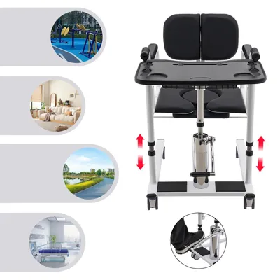 Produktbild von Hydraulischer Patientenlifter - Dusch- und Toiletten-Transferstuhl - Höhenverstellbar - Weiches abnehmbares Sitzkissen - Bis 150 kg belastbar - Klappbar - 4 Rollen mit Bremse - Rückenlehne 180° öffnend - Schwarz