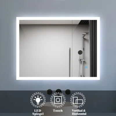 Produktbild von Badspiegel mit Beleuchtung 80x60cm Badezimmerspiegel Kaltweiß Wandspiegel mit Touch-schalter IP44 Belair-Serie