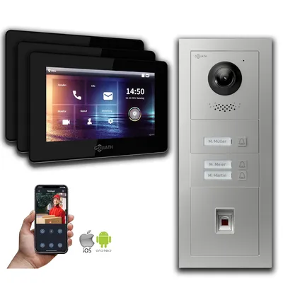 Produktbild von Goliath IP Video Türsprechanlage: 7-Zoll 3 Familienhaus, Fingerprint, Silber : 7 Zoll Schwarz : 4er POE : Aufputz Dose Anschluss: 4er POE Monitor Farbe: 7 Zoll Schwarz Montage: Aufputz Dose