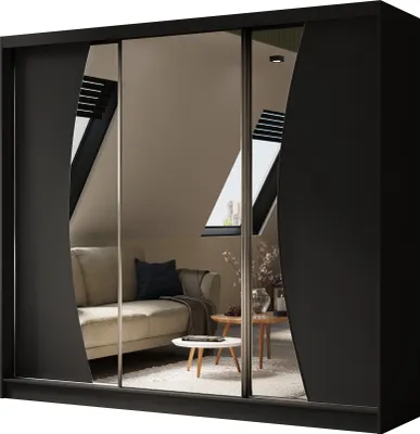 Produktbild von AGMAT Schwebetürenschrank Bergen, Kleiderschrank mit 3 Türen und Spiegel, Moderne Garderobe in Farbe: Schwarz / Schwarz, Schrank in Größe: 240 x 216 x 61 cm