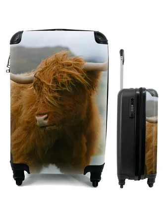 Produktbild von MuchoWow® Koffer Handgepäck Trolley Rollkoffer Kleine Reisekoffer mit 4 Rollen - Schottischer Highlander - Berg - Straße - Cabin Size < 55x40x23 cm & 55x40x20 cm - Fotokoffer - Kabinenkoffer - Boardgepäck - Reise-Box - Reisekoffer - Reisegepäck - Koffer mit Bild - Trolley für Kinder