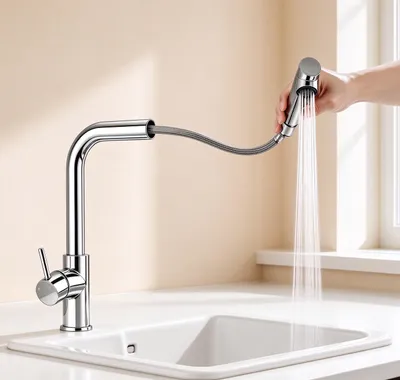 Produktbild von Aica Hochdruck Küchenarmatur L-Form Ausziehbar 2 Strahlarten 360° Spültischarmatur Wasserhahn Küche Einhebelmischer Mischbatterie Edelstahl Chrom