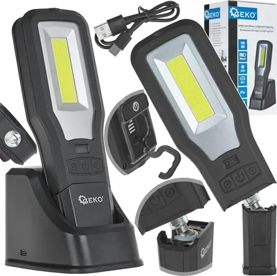 Obrázok produktu pre LED COB dielenská pracovná lampa 10W + 5W, nabíjateľná, s magnetom, háčikom a stojanom, 2000mAh, 550lm, IP54