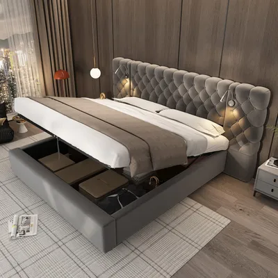 Image de Abrihome Lit rembourré 160x200 cm avec espace de rangement, lit double en velours hydraulique avec éclairage LED, gris