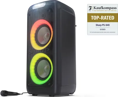 Produktbild von SHARP PS-949 Bluetooth Party-Lautsprecher, 200 Watt, 13 Stunden Spielzeit, Super Bass, LED-Lichteffekte, Mikrofon, schwarz