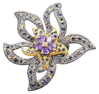 Produktbild von Künstlerischer Ring mit Amethyst, Größe 16, Saphiren, Blumenmotiv