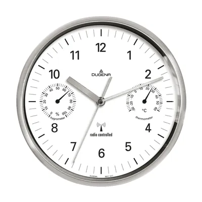 Obrázok produktu pre Nástenné hodiny DUGENA, rádiom riadený strojček, teplomer, vlhkomer, kovové puzdro, ø 25 cm, vrátane batérie