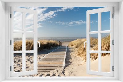 Wallario Wandbild aus Acryl, 60 x 90 cm, freischwebende Optik - Auf dem Holzweg zum Strand mit Fenster-Illusion
