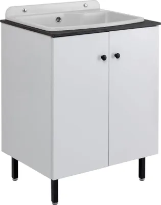 A white sink cabinet with two doors and black legs, set against a white background.
