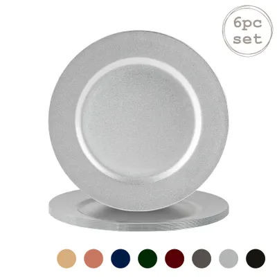 A stack of silver charger plates with a text overlay indicating a 6-piece set, and a row of colored circles below representing color options.
