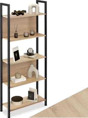 A tall, narrow bookshelf with four shelves, displaying various decorative items.