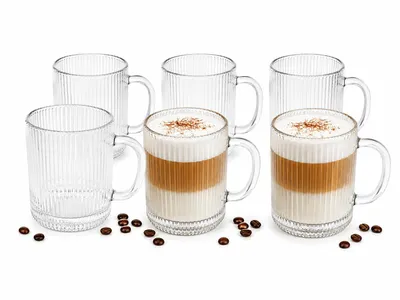 Zdjęcie produktu dla Komplet 6 szklanych kubków ryflowanych 360 ml z uchem – eleganckie kubki do kawy, herbaty