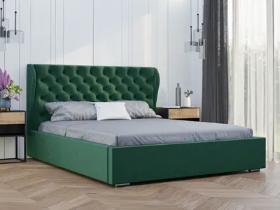 Obrázok produktu pre GRAINGOLD Čalúnená posteľ 200x200 Florencia - Podstavec pod posteľ a lamelový rošt - Čelo postele Chesterfield - Zelená (Magic velvet 25)