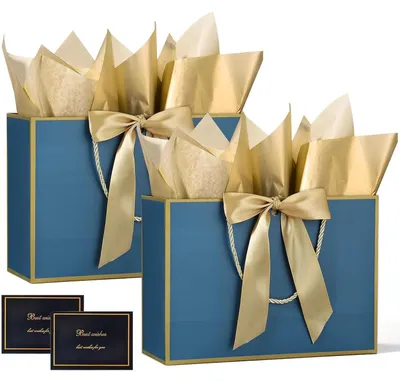 Productafbeelding van Set van 2 cadeautasjes met handgreep, marineblauw, inclusief wenskaarten en zijdepapier, afmetingen 20x10x28 cm