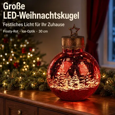 Produktbild von LED Deko-Kugel Frosty Rot 30 cm Farb-Glaskugel in Ice-Optik Timer 6h/18h beleuchtet - Batteriebetrieben