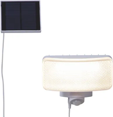 A solar-powered LED spotlight with a motion sensor is shown against a white background. A separate solar panel is positioned to the upper left, connected by a white wire to the main light unit.