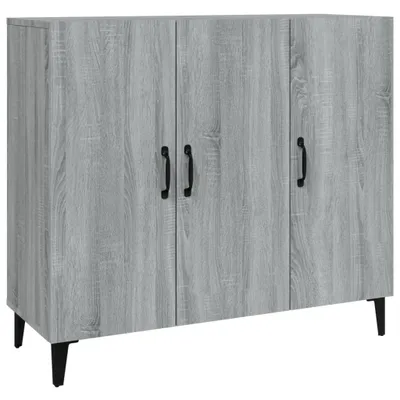 A gray wooden sideboard with three doors and black handles, standing on black legs.