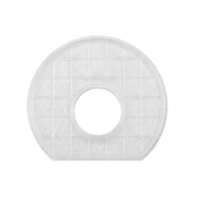A round, white filter with a grid pattern and a central hole, isolated on a white background.