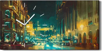Produktbild von Wanduhr Leinwand Bild Uhr Kunstdruck 60x30 bunte Licht der Stadt mit Gebäuden - weiße Hände
