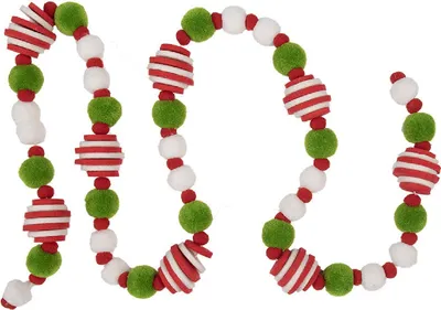 Produktbild von Weihnachtsgirlande Kunststoff gestreift mit Pompons 150 cm 4 cm Rot Grün Weiß