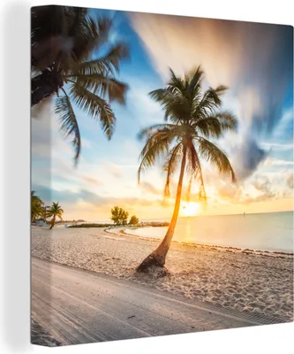 Produktbild von MuchoWow® - Leinwandbilder - Sonnenuntergang - Strand - Palme, Wandbild, Wanddeko Bilder Wohnzimmer, 50x50 cm