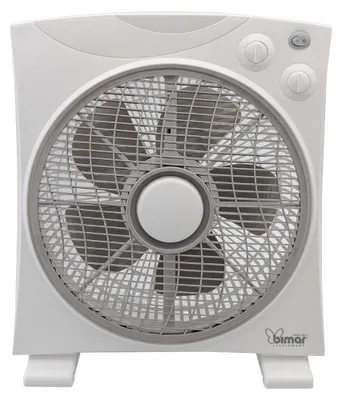 A white box fan with a gray grill and knobs, set against a white background.
