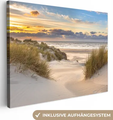 Obrázek produktu pro OneMillionCanvasses® - Obraz na plátně - Pláž - Duna - Tráva - Západ slunce - Moře, nástěnný obraz, nástěnné dekorace obrázky do obývacího pokoje, 120x90cm