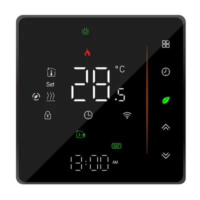 A digital smart thermostat display with various icons and temperature readings.