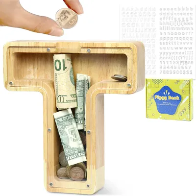 Produktbild von Personalisierte Spardose aus Holz mit dem Alphabet von A bis Z, eine kreative große Spardose als Geschenk für Geburtstage, Weihnachten und Thanksgiving.