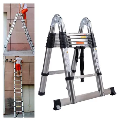 Produktbild von Teleskopleiter, 3,8 m, zusammenklappbar, 12 Stufen, A-Rahmen, faltbare Edelstahl-Mehrzweckleiter, 150 kg Tragfähigkeit