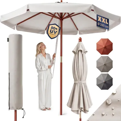Produktbild von KINGSLEEVE® Holz Sonnenschirm 330 cm Groß UV Schutz 80+ Schutzhülle Seilzug Rund Stabil Windfest Marktschirm Gartenschirm Terrasse Balkon Beige Creme