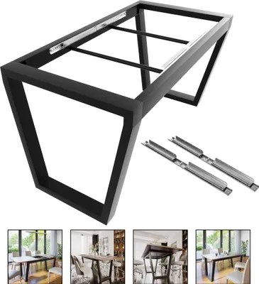 A black metal table frame with two silver metal sliders next to it, on a white background. Below are four smaller images showing the table frame in different room settings.