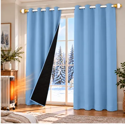 Produktbild von 1x 100% Verdunkelung Thermo Vorhänge Blau Blickdicht Verdunkelungsvorhang mit Ösen Einfarbige, 132*160cm