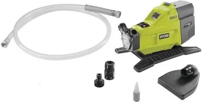 A Ryobi ONE+ battery-powered water transfer pump and its accessories are laid out on a white background.