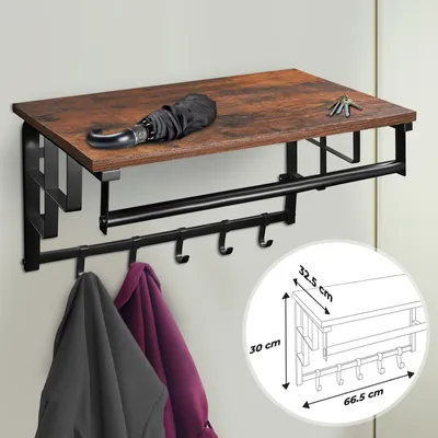 Produktbild von MIADOMODO® Wandgarderobe mit Ablage - 66.5 x 30 x 32cm mit 5 Haken und Hängestange, Metall, Schwarz - Vintage Wandregal, Garderobe, Wandschrank, Hängeregal, Garderobenhaken