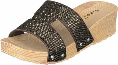 Produktbild von Damen Sommer Pantoletten in Braun mit Plateausohle und glitzernden Riemen