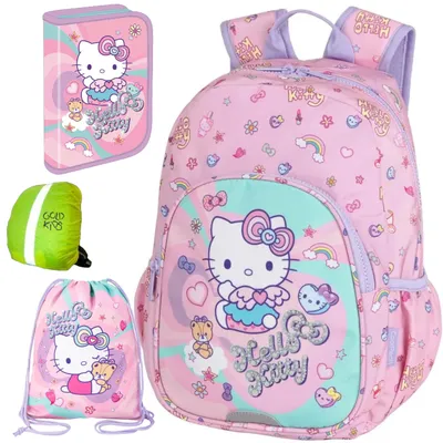 Produktbild von Schulranzen für Mädchen, 4er-Set - Schul-Rucksack für Kinder mit Federmäppchen - Schuhbeutel und Regenschutz - Hello Kitty Motiv