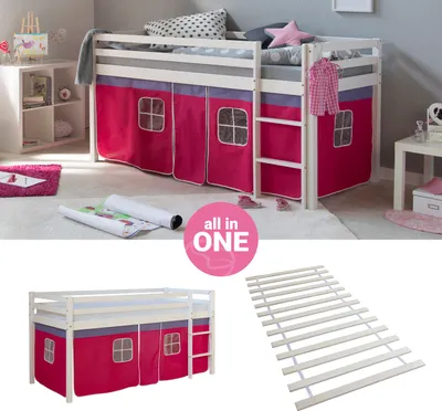 Produktbild von Homestyle4u Hochbett 90x200 mit Lattenrost Vorhang pink Kinderbett Weiß Holz Kiefer Massiv Jugendbett
