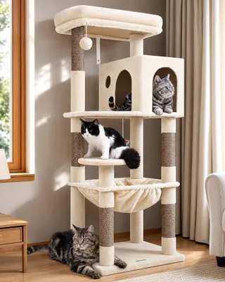 Imagen del producto de Árbol para gatos estable, con una altura de 137 cm, plataforma acolchada grande de 48x40 cm, incluye hamaca, ideal para gatos grandes y mayores