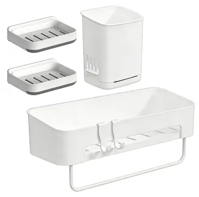 Produktbild von Duschablage ohne Bohren 4 in 1 Set ABS Weiß mit Seifen- & Zahnbürstenhalter