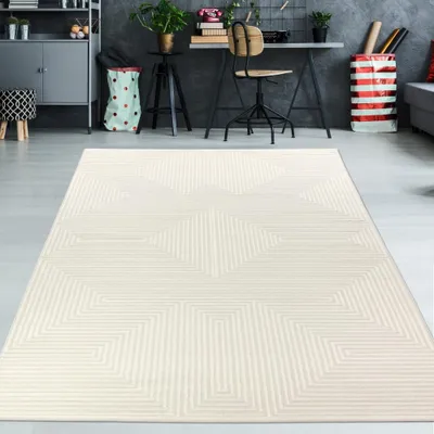 Obrázok produktu pre Krátky vlasový koberec krémový geometrický vzor lesklý vzhľad mäkký ľahká údržba pre obývaciu izbu spálňa veľkosť - 140 x 200 cm
