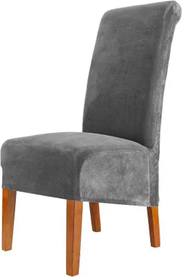 Produktbild von Famanu Stuhlhussen aus Samt - elastische, waschbare XL - Stuhlbezug für hohe Rückenlehnen - Set von 2 - dunkelgrau