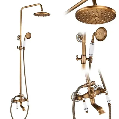 Image de Ensemble de robinetterie de douche pour salle de bain, avec contrôle à deux poignées, finition en laiton vieilli, type G
