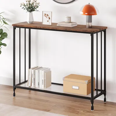 Zdjęcie produktu dla Konsola wąska z półką, 85x30x81 cm, styl vintage, metal, kolor ciemnobrązowy i czarny