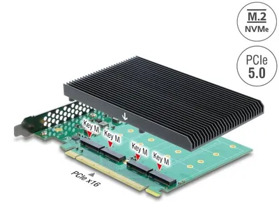 Produktbild von Delock PCI Express 5.0 x16 Karte zu 4 x intern NVMe M.2 Key M+Kühlkörper-