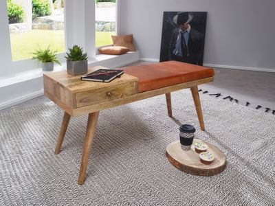 WOHNLING Sitzbank SALIM Ziegenleder / Massivholz Bank 100x52x38 cm im Retro Stil | Flur Polsterbank mit Stauraum | Gepolsterte Lederbank Aufbewahrung Braun | Kleine Bettbank Echtleder | Flurbank