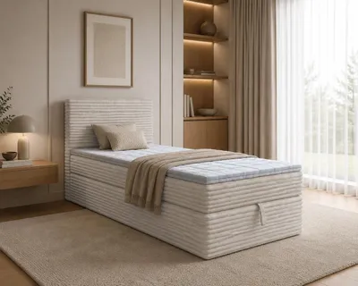 Produktbild von Boxspringbett NESO MINI, Bett mit Cordstoffbezug Einzelbett mit Bonellfederkernmatratze, Bettkasten (80x200, Beige - Tilia 03, topper T25)