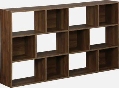 A brown wooden bookshelf with 12 square compartments, viewed from a slightly angled front perspective.